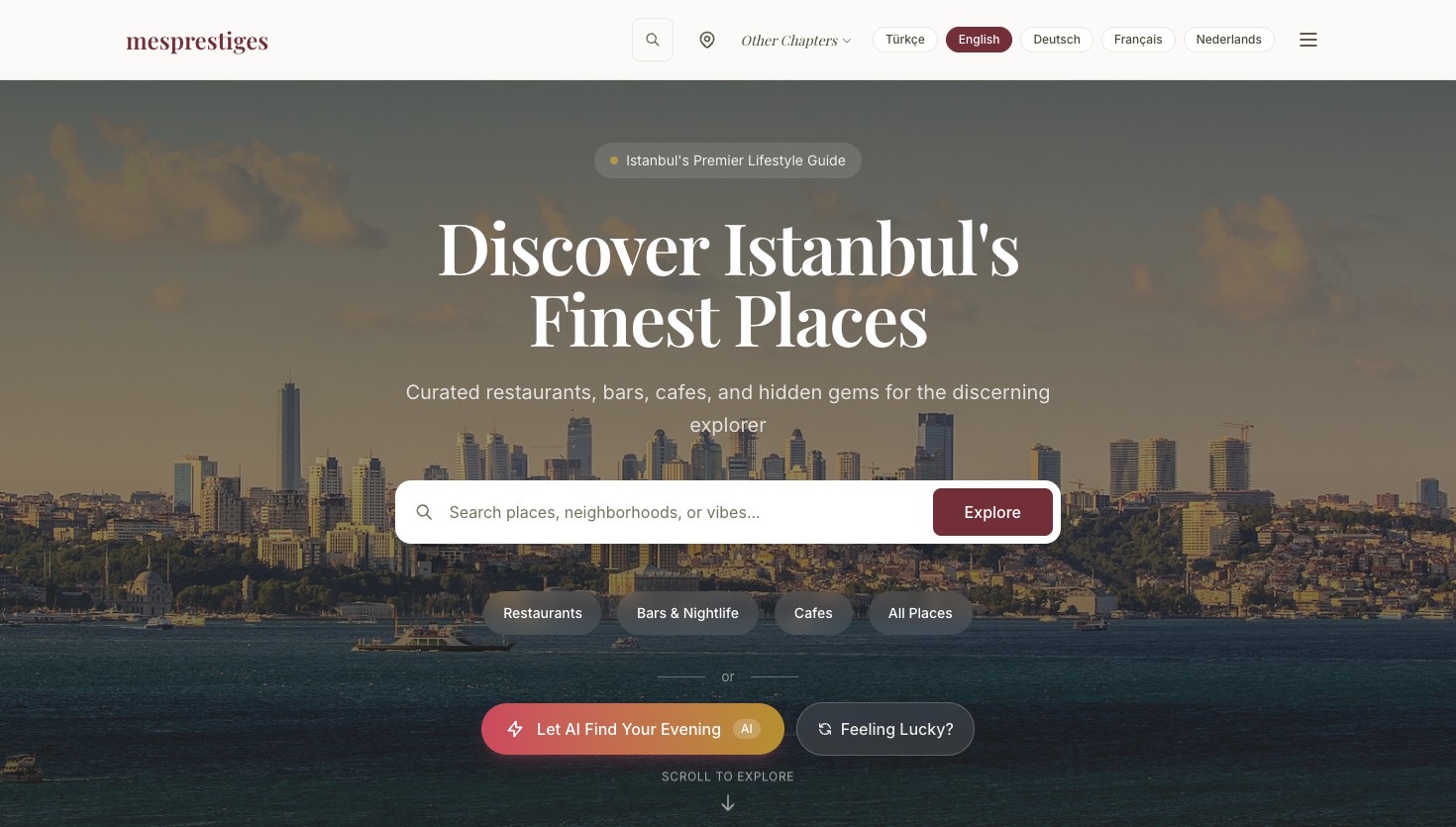 Mes Prestiges ürün ana sayfası, AI destekli fine-dining rehberi